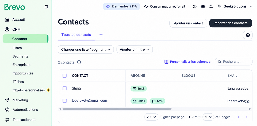 Capture Brevo Créer votre liste de contacts