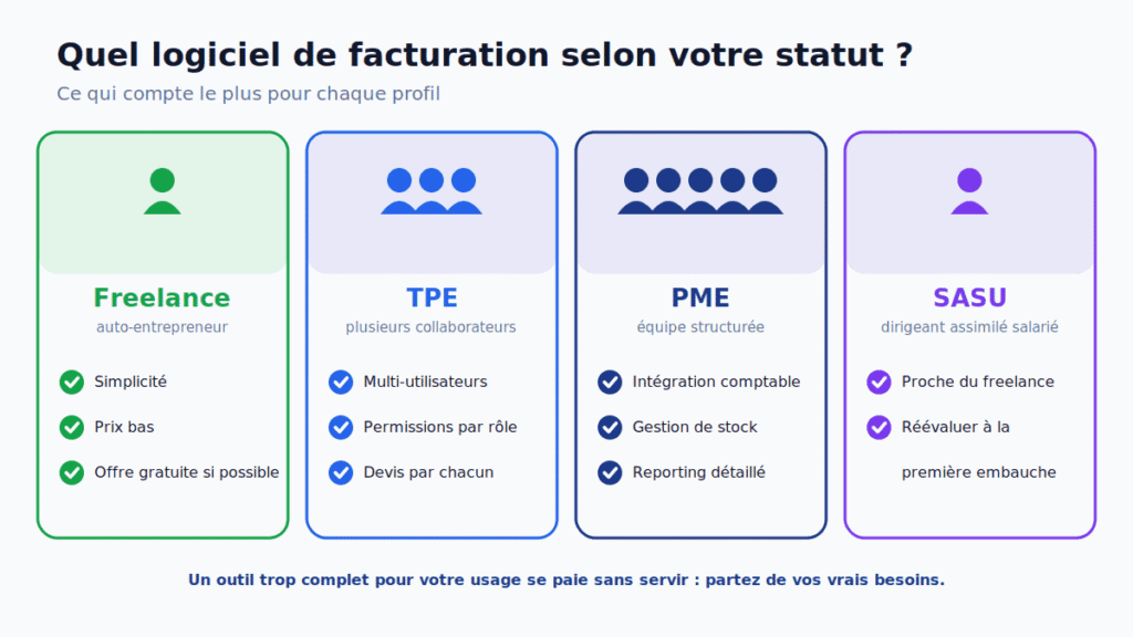 Choisir un logiciel de facturation selon son statut : freelance, TPE, PME ou SASU et les critères prioritaires de chacun
