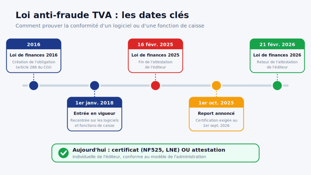 Frise chronologique de la loi anti-fraude TVA de 2016 à 2026 : certificat NF525 ou attestation de l'éditeur pour les logiciels de caisse