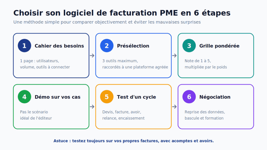 Méthode en 6 étapes pour choisir un logiciel de facturation PME : besoins, présélection, grille, démo, test et négociation